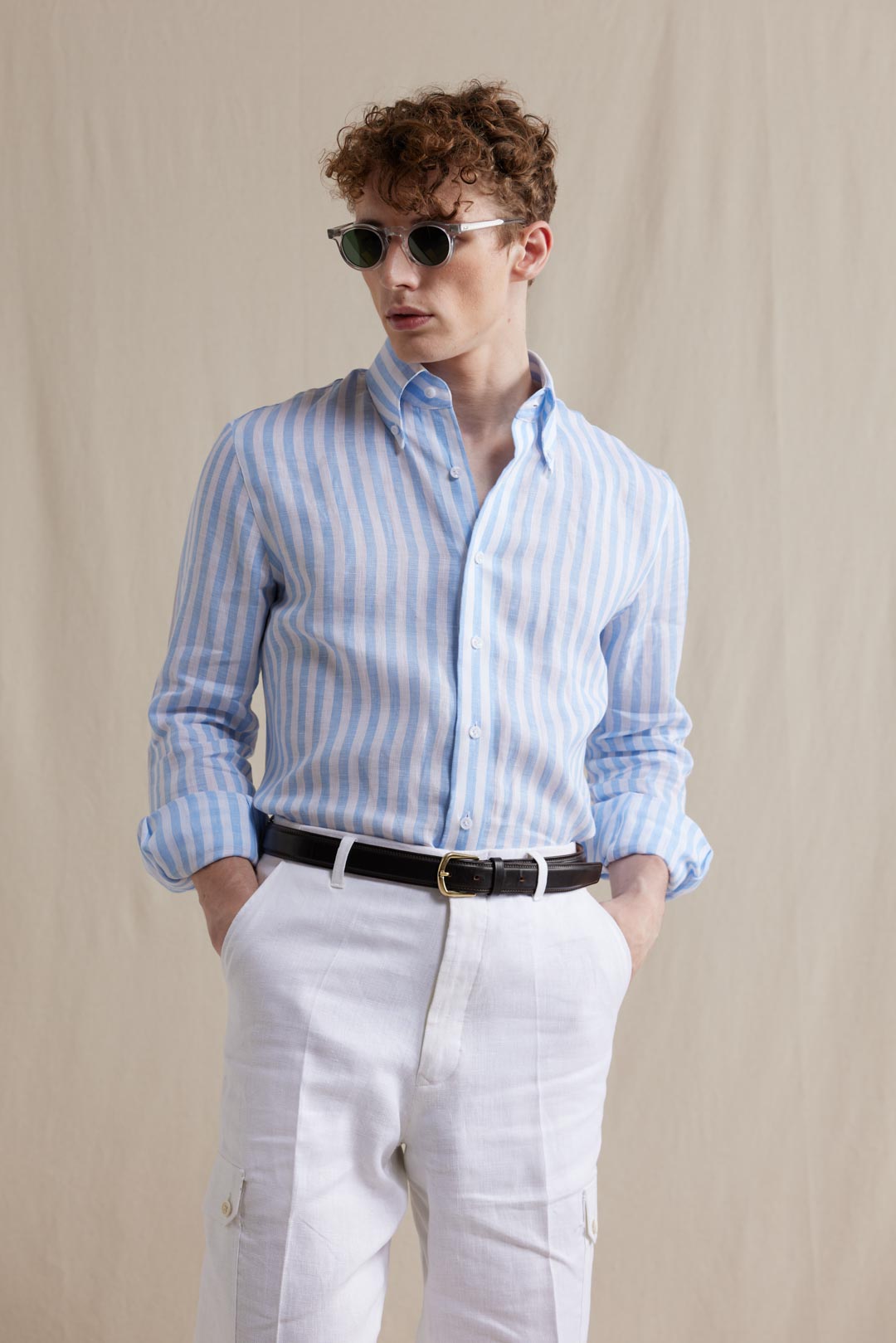 Button Down Linen Shirt - Bold Blue Stripes