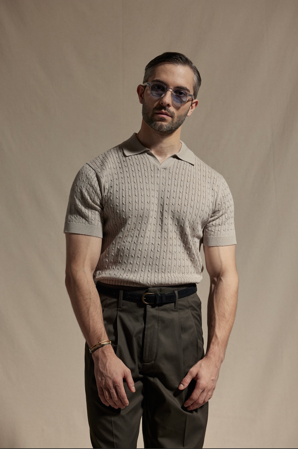 Knitted Cable Polo Shirt - Ash Fawn