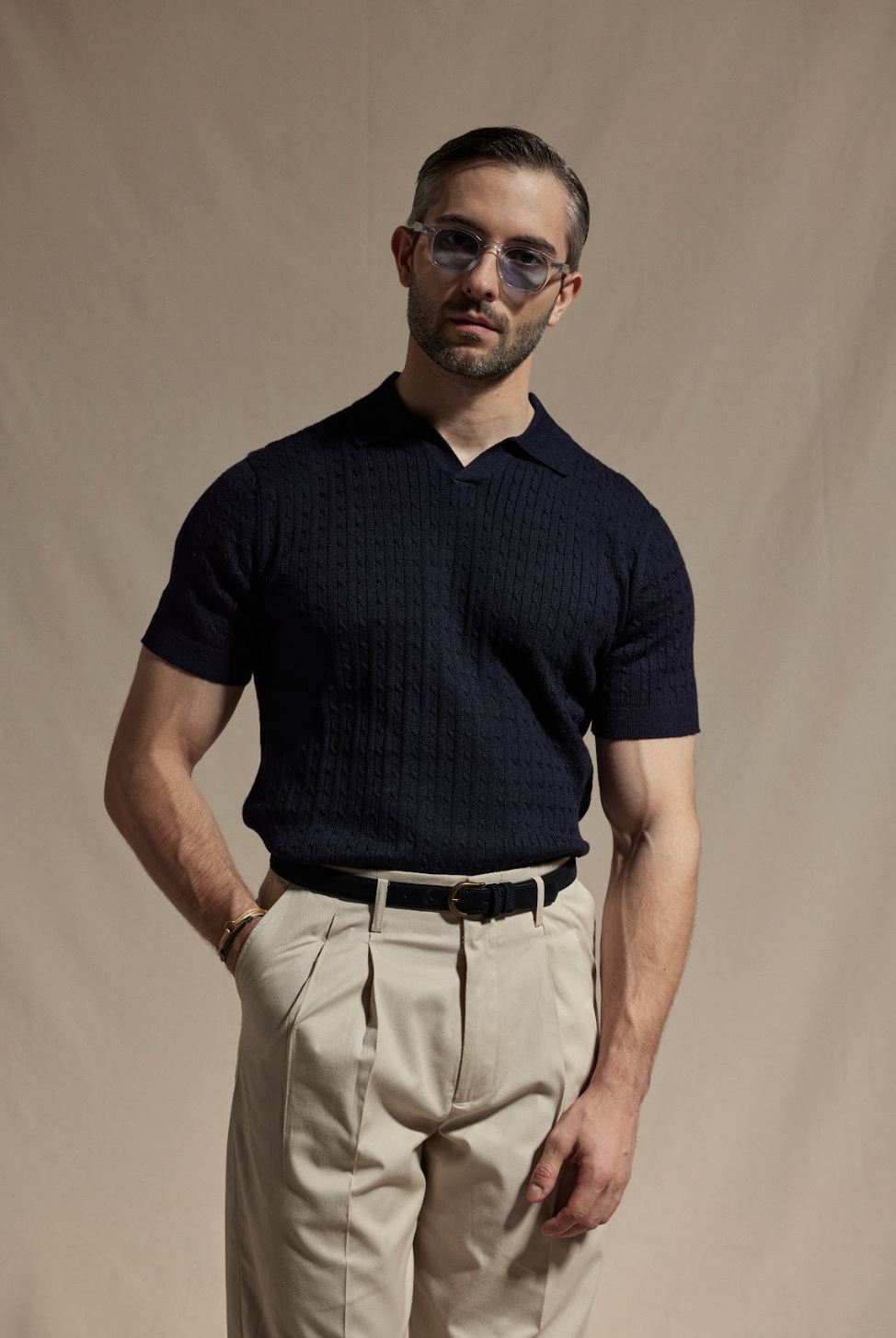 Knitted Cable Polo Shirt - Navy