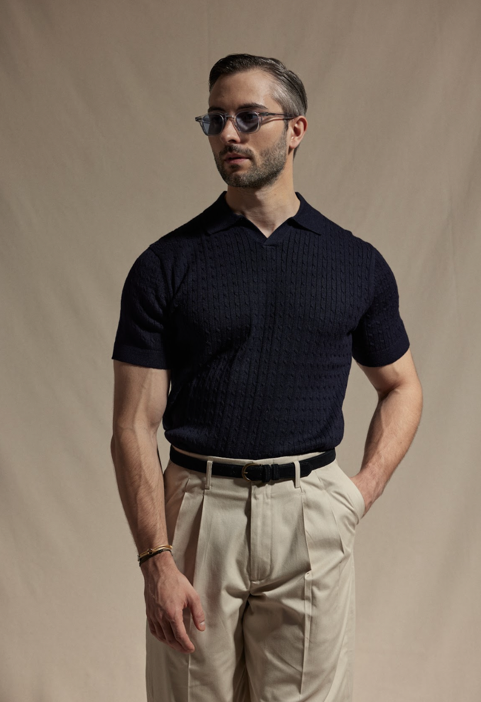 Knitted Cable Polo Shirt - Navy