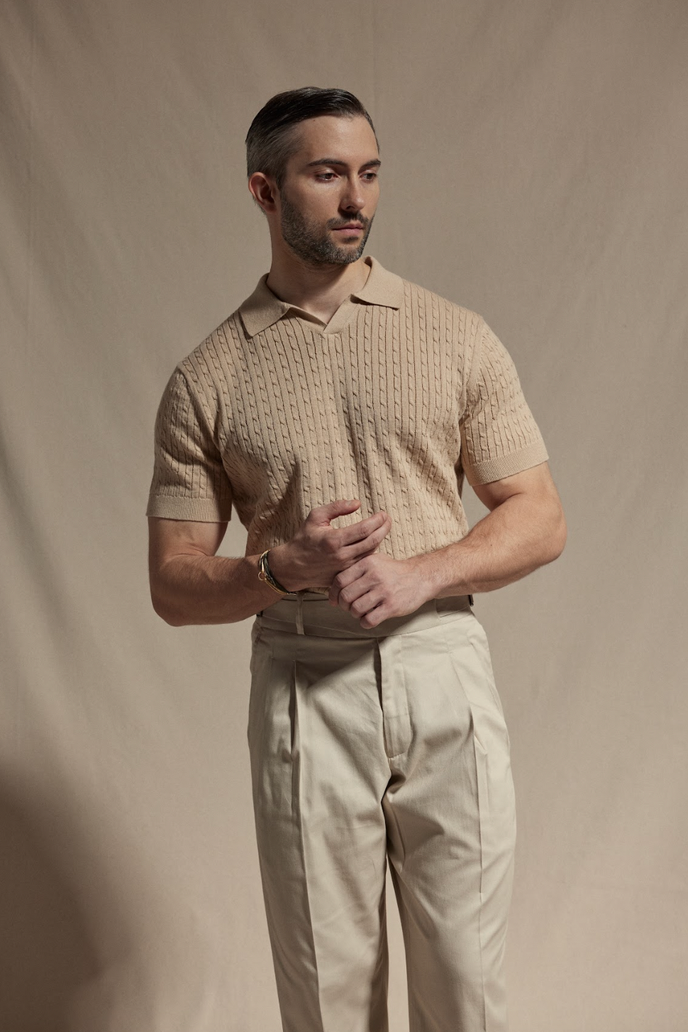 Knitted Cable Polo Shirt - Caramel