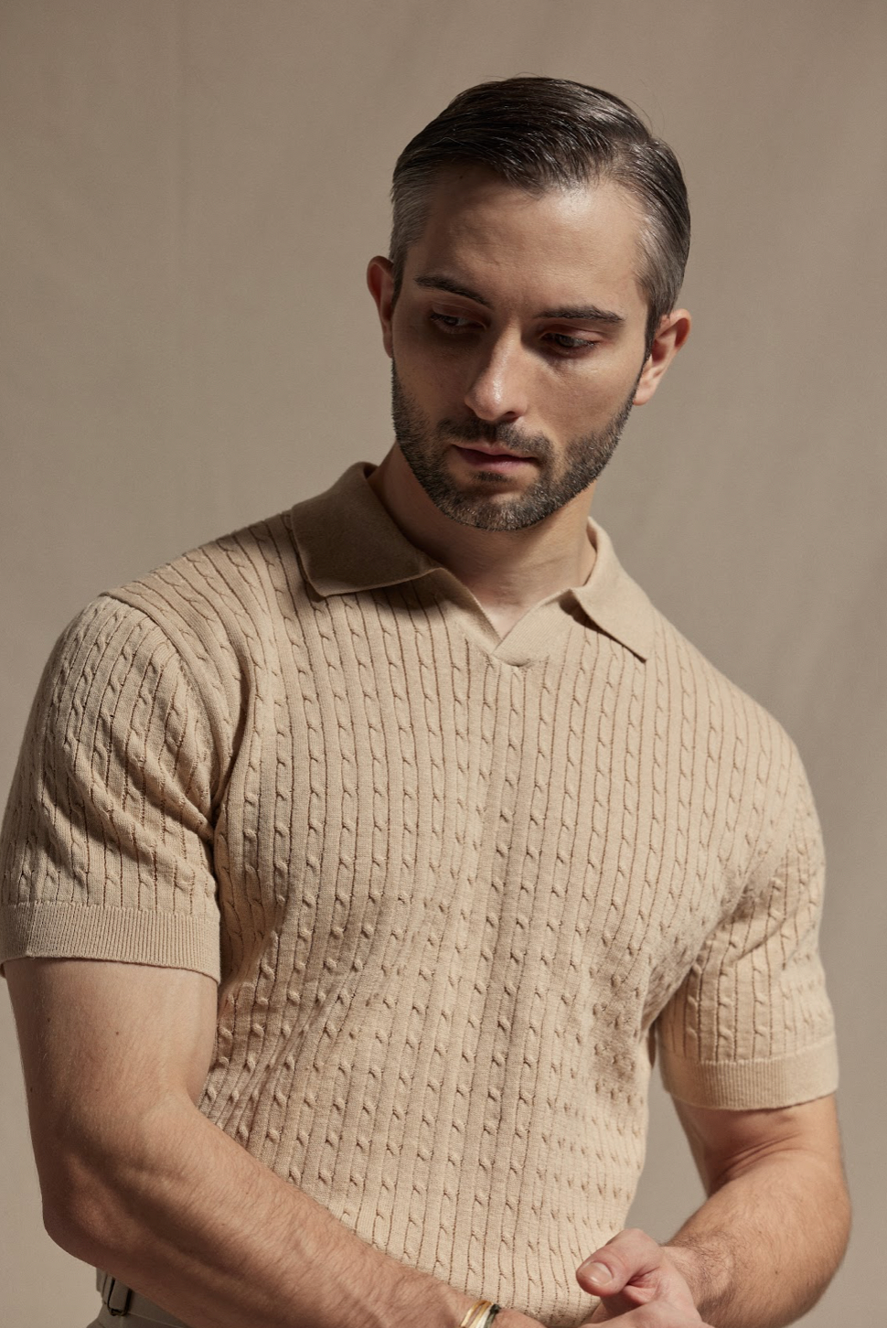 Knitted Cable Polo Shirt - Caramel