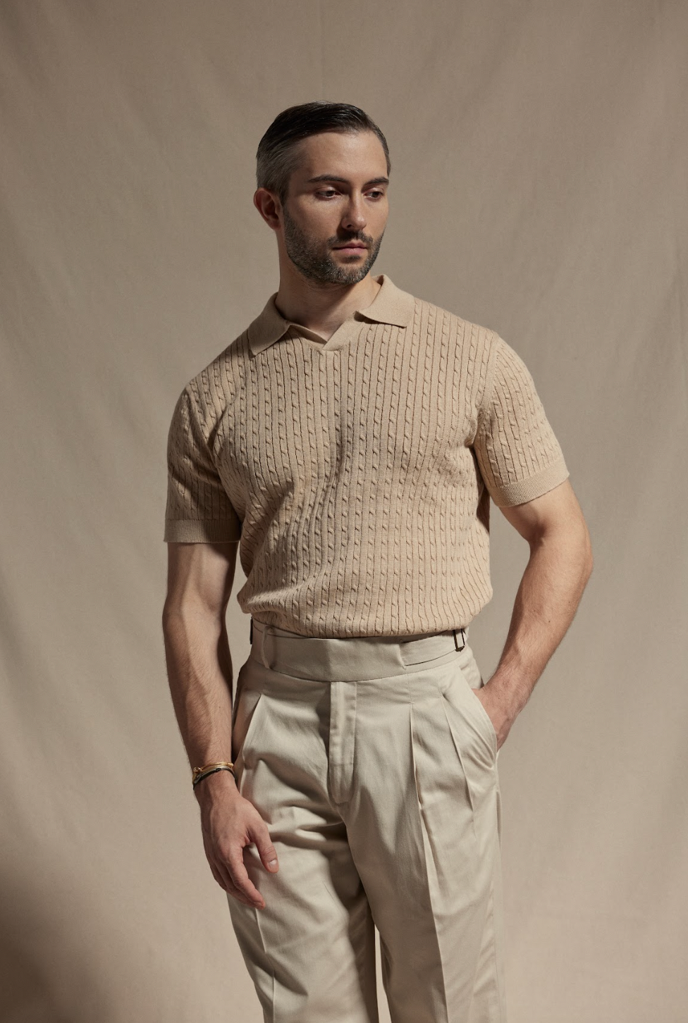 Knitted Cable Polo Shirt - Caramel