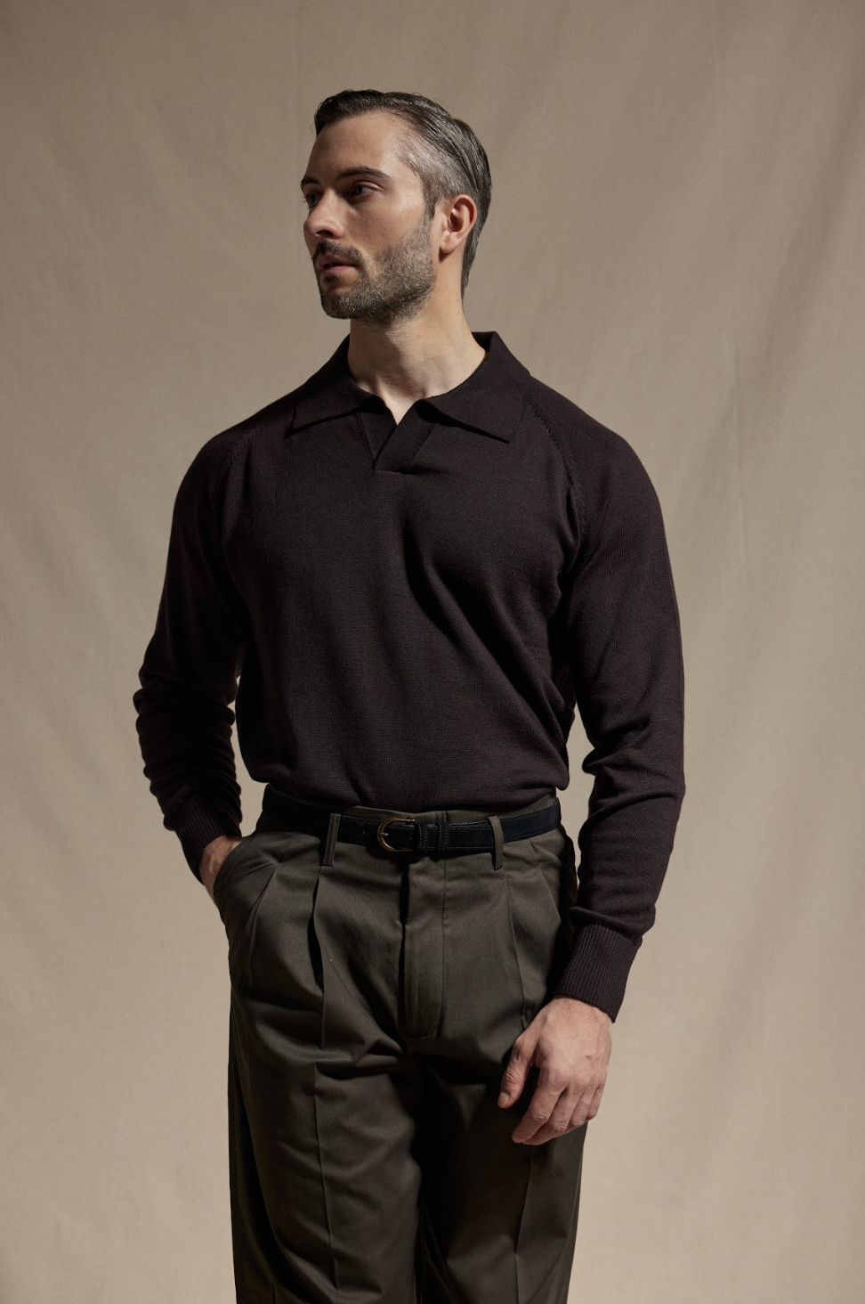 Knitted Long Sleeve Polo Shirt - Chocolate